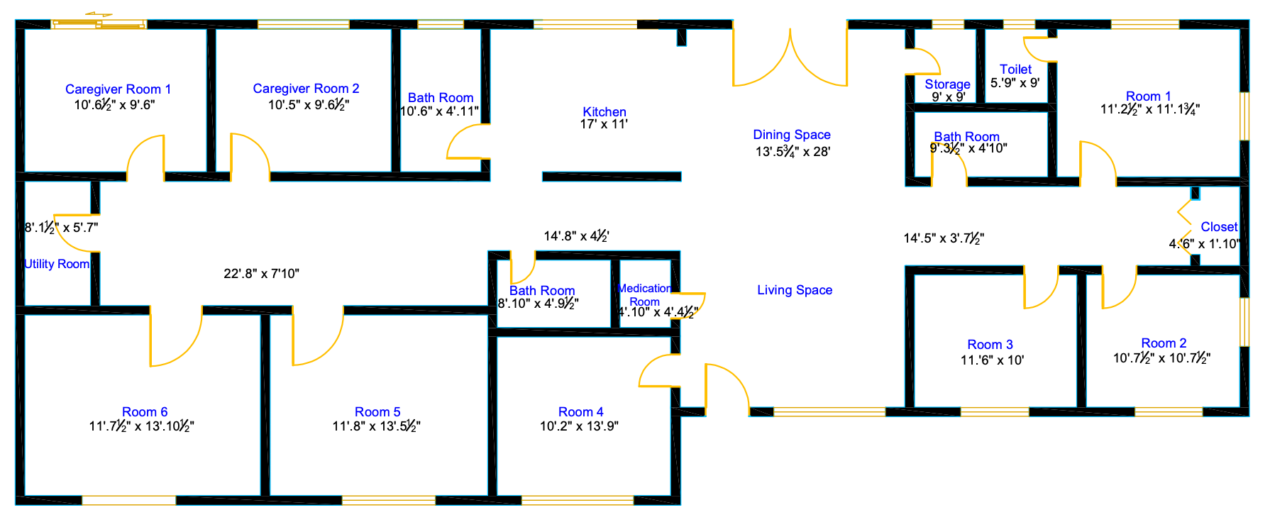 House floor plan showing resident rooms, caregiver rooms, kitchen, dining, living, bathrooms, and utility spaces